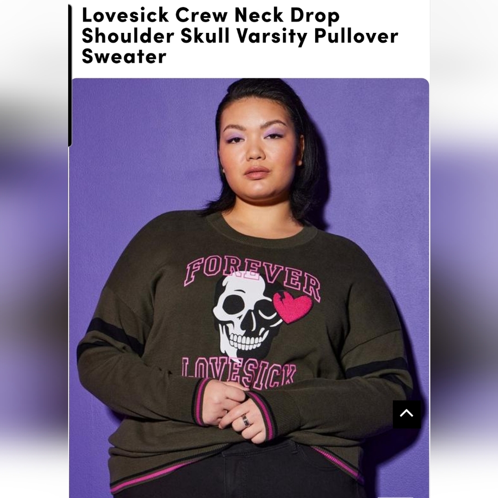 Torrid Lovesick crew neck drop shoulder skull varsity pullover sweater